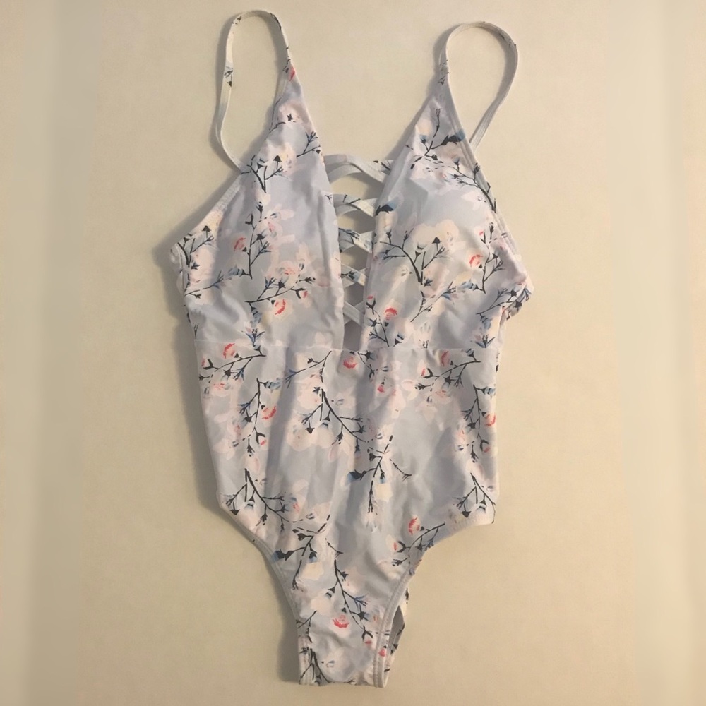 Light blue floral one piece bathing suit